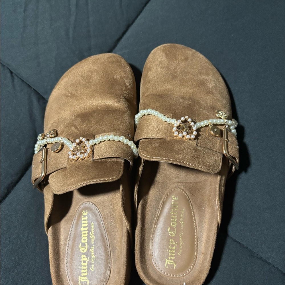 Juicy Couture Tan Suede Mules with Pearl Accents